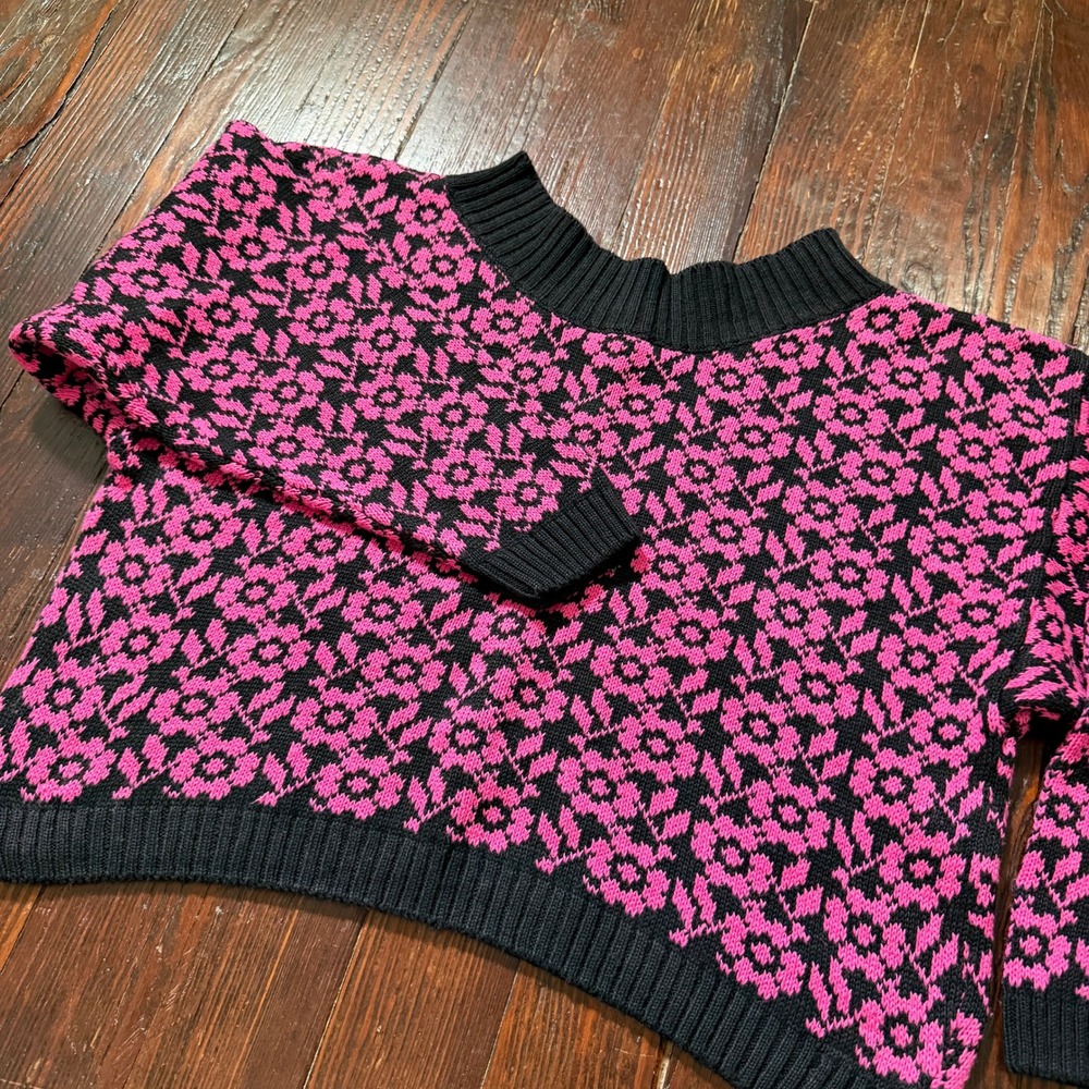 Vintage 80s Knit Knit Floral Cropped Sweater Womens L Pink Black Mock Neck